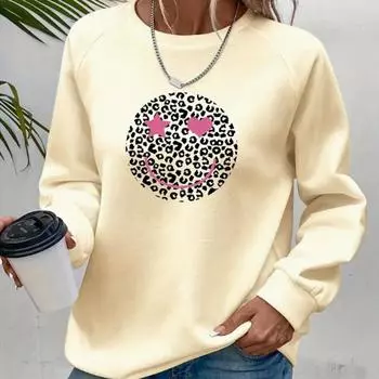 Осенне-весенняя одежда с круглым принтом улыбающегося лица, топы-свитера для женщин с круглым вырезом и длинным рукавом XS чёрный