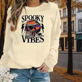 Осенне-весенняя одежда с принтом черепа и букв, топы-свитера для женщин с круглым вырезом и длинным рукавом XS чёрный
