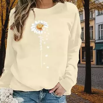 Осенне-весенняя одежда с принтом «Daisy & Love» для женщин, круглый вырез, длинный рукав XS чёрный