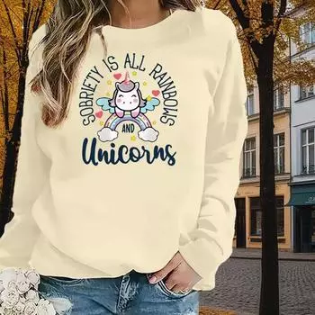 Осенне-весенняя одежда с принтом единорога и радуги, топы-свитера для женщин с круглым вырезом и длинным рукавом XS чёрный