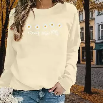 Осенне-весенняя одежда с принтом маргаритки и букв, топы-свитера для женщин с круглым вырезом и длинным рукавом XS чёрный