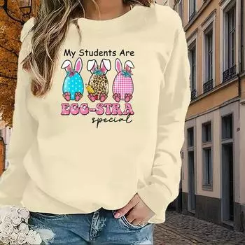 Осенне-весенняя одежда с принтом пасхальных яиц, топы-свитера для женщин с круглым вырезом и длинным рукавом XS чёрный