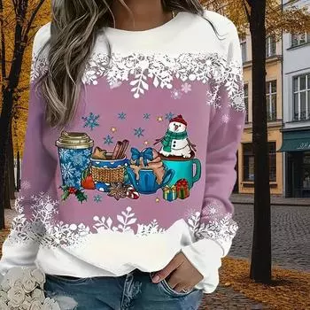 Осенне-весенняя одежда с принтом снеговика и рождественских подарков, топы для свитеров для женщин с круглым вырезом и длинным рукавом XS зелёный