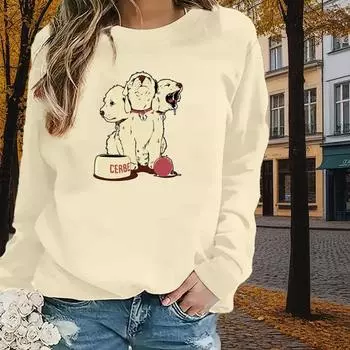 Осенне-весенняя одежда с принтом трехголовой собаки, топы для женщин с круглым вырезом и длинным рукавом XS чёрный