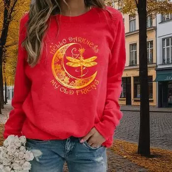 Осенне-весенняя одежда с принтом «Золотая луна и стрекоза», топы-свитера для женщин с круглым вырезом и длинным рукавом XS чёрный