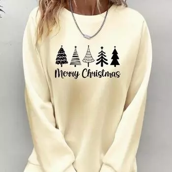 Осенне-весенняя одежда с простым принтом рождественской елки, топы-свитера для женщин с круглым вырезом и длинным рукавом XS чёрный