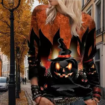 Осенне-весенняя одежда с рождественским принтом тыквы, свитер, топы для женщин, круглый вырез, длинный рукав XS зелёный