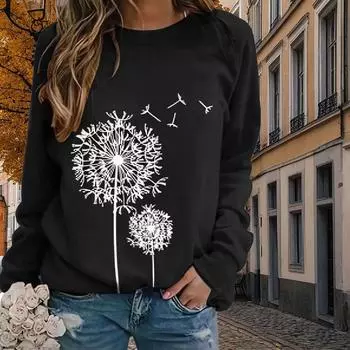 Осенне-весенняя одежда Танцующие одуванчики Принт свитер Топы для женщин Круглый вырез Длинный рукав XS чёрный