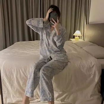 Осенне-весенняя пижама из ледяного шелка для женщин, повседневная пижама с длинным рукавом, пижамный костюм, домашняя одежда, комплект для сна с цветочным принтом M