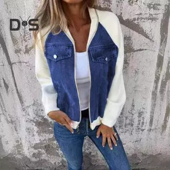 Осенне-весенняя женская куртка с цветной застежкой-молнией, длинными рукавами, капюшоном, имитацией нагрудного кармана, декором, женская повседневная куртка XL синий