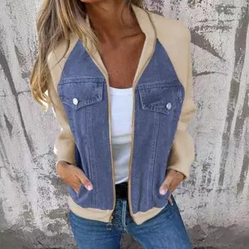 Осенне-весенняя женская куртка с цветной застежкой-молнией, длинными рукавами, капюшоном, имитацией нагрудного кармана, декором, женская повседневная куртка L синий