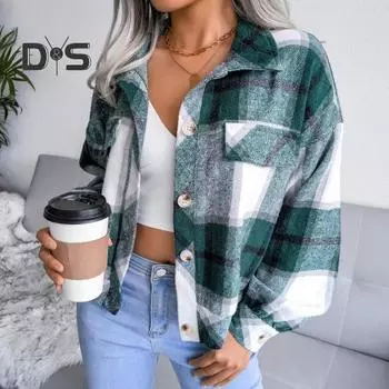 Осенне-весенняя женская куртка с контрастным клетчатым принтом, отложным воротником, однобортная модель с ложными карманами, длинными рукавами, свободное пальто для поездок на работу и свиданий S красный