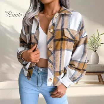 Осенне-весенняя женская куртка с контрастным клетчатым принтом, отложным воротником, однобортная модель с ложными карманами, длинными рукавами, свободное пальто для поездок на работу и свиданий S красный