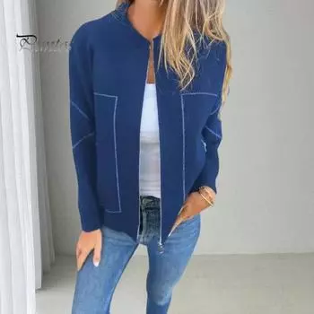 Осенне-весенняя женская куртка с круглым вырезом, однотонная, с длинными рукавами, на молнии, бейсбольное пальто, свободный кардиган, повседневная одежда для отдыха на природе, пальто для шопинга M серый