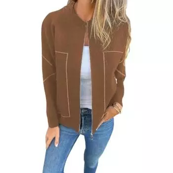 Осенне-весенняя женская куртка с круглым вырезом, однотонная, с длинными рукавами, на молнии, бейсбольное пальто S коричневый