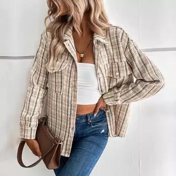 Осенне-весенняя женская куртка с принтом в клетку в стиле ретро, отложным воротником, однобортная модель, нагрудные карманы, длинные рукава, свободная модель для поездок на работу S хаки
