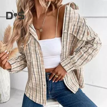 Осенне-весенняя женская куртка с ретро-шотландским принтом, отложным воротником, однобортным жакетом, нагрудными карманами, длинными рукавами, свободным пальто для поездок на работу и свиданий S хаки