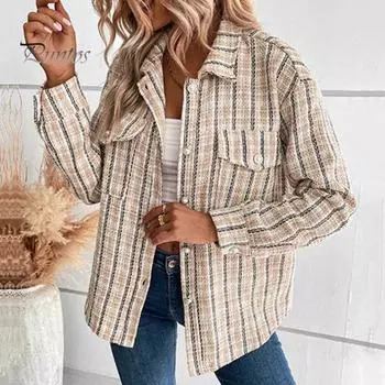 Осенне-весенняя женская куртка с ретро-шотландским принтом, отложным воротником, однобортным жакетом, нагрудными карманами, длинными рукавами, свободным пальто для поездок на работу и свиданий S хаки