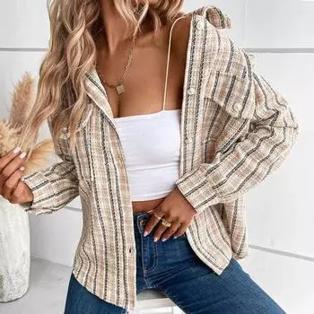 Осенне-весенняя женская куртка с ретро-шотландским принтом, отложным воротником, однобортным жакетом, нагрудными карманами, длинными рукавами, свободным пальто для поездок на работу и свиданий S хаки