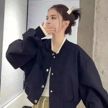 Осенне-весенняя женская куртка с воротником-стойкой, однотонная, с длинными рукавами, однобортная, с V-образным вырезом, в стиле преппи, бейсбольное пальто, свободный кардиган, короткое пальто M абрикосовый