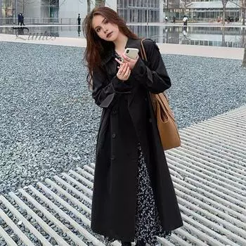 Осенне-весенняя женская куртка свободного покроя с отложным воротником, двубортное пальто с поясом, длиной до середины икры, однотонное пальто для поездок на работу S чёрный