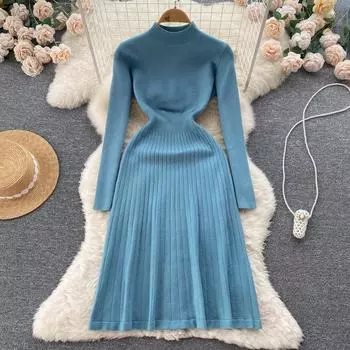 Осенне-зимнее элегантное однотонное вязаное платье-свитер с круглым вырезом, женский пуловер трапециевидной формы с длинным рукавом, трикотаж One Size бежевый