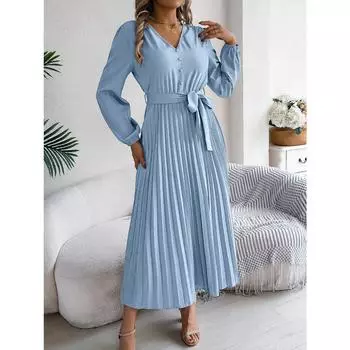 Осенне-зимнее элегантное платье с V-образным вырезом, шнуровкой, плиссированной длинной юбкой S