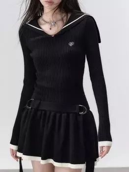 Осенне-зимнее элегантное ретро-трикотажное платье женское с темно-синим воротником винтажное мини-платье в стиле Харадзюку женское корейское модное повседневное платье-свитер 2025 Новое S чёрный