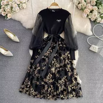 Осенне-зимнее элегантное темпераментное платье трапециевидной формы с круглым вырезом и пышными рукавами, утягивающее талию, с вышивкой и вышивкой S чёрный