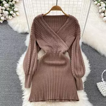 Осенне-зимнее элегантное вязаное платье-свитер с v-образным вырезом и длинным рукавом, пикантное мини-женское трикотажное платье-карандаш one size дубильная кора