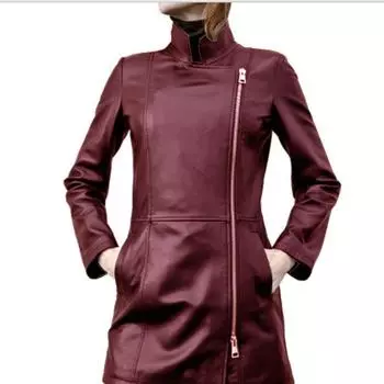 Осенне-зимнее асимметричное длинное кожаное пальто, кожаная ветровка, женское пальто с воротником-стойкой S