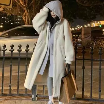 Осенне-зимнее бархатное универсальное свободное модное пальто, длинное пальто с капюшоном, двухслойное стильное теплое и утолщенное зимнее пальто S белый