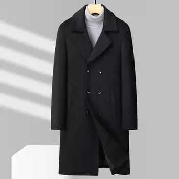 Осенне-зимнее британское мужское шерстяное пальто средней и длинной длины с воротником из утолщенной шерсти M чёрный