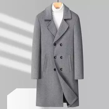 Осенне-зимнее британское мужское шерстяное пальто средней и длинной длины с воротником из утолщенной шерсти M чёрный