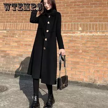 Осенне-зимнее черное шерстяное пальто большого размера, женское длинное шерстяное пальто выше колена, свободное толстое пальто XXL