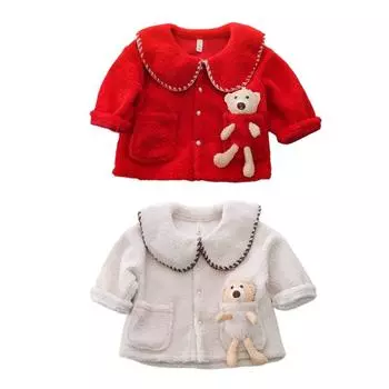 Осенне-зимнее детское флисовое пальто для девочек, однотонное трехмерное кашемировое пальто с длинными рукавами и принтом медведя 100