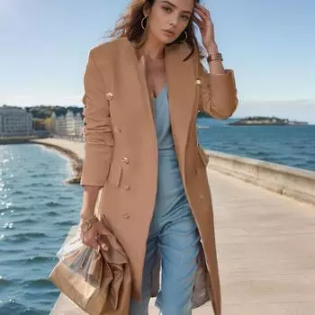 Осенне-зимнее длинное шерстяное женское пальто с пряжкой из многослойной ткани шерстяное женское пальто M хаки