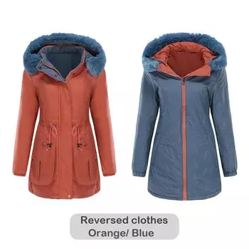 Осенне-зимнее двухстороннее теплое хлопковое пальто со съемным капюшоном, длинный рукав, молния, плотная хлопковая куртка, меховой воротник, парка для женщин S