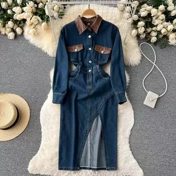 Осенне-зимнее джинсовое модное и универсальное платье с длинными рукавами и длинными рукавами, с открытой талией и талией во французском стиле ретро.