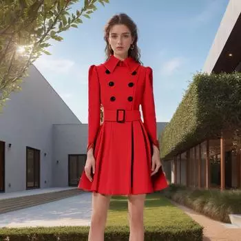 Осенне-зимнее европейское и американское облегающее шерстяное пальто с оборками и пряжкой на поясе для женщин S