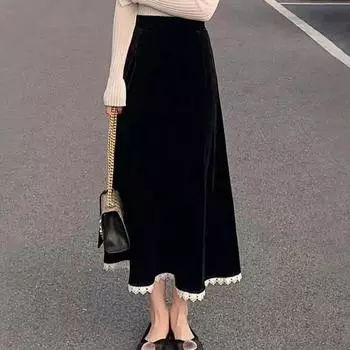 Осенне-зимнее фланелевое длинное платье, кружевное черное полуплатье с элегантным темпераментом XXXL чёрный