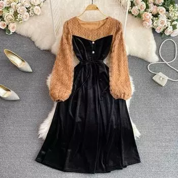 Осенне-зимнее французское ретро темпераментное бархатное платье с круглым вырезом и трехмерной цветочной строчкой на талии, тонкое бархатное платье трапециевидной формы