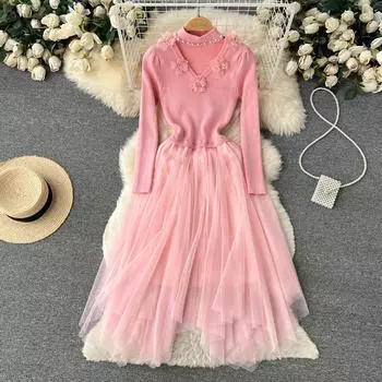 Осенне-зимнее французское трикотажное платье феи с v-образным вырезом и длинными рукавами и нерегулярной сеткой First Love