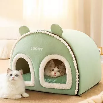 Осенне-зимнее гнездо для кошек с двойными проемами, полузакрытая юрта для нескольких домашних животных, семейная будка, теплая лежанка для кошек для маленьких собак, гнездо для кошек