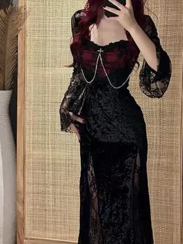 Осенне-зимнее готическое гранжевое кружевное платье Y2k для женщин, темное академическое сексуальное облегающее вечернее платье, корейское модное дизайнерское фестивальное длинное выпускное платье S чёрный