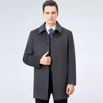 Осенне-зимнее кашемировое пальто для мужчин, средней длины, ветровка из шерстяной ткани для пожилых людей, съемный пуховик 170