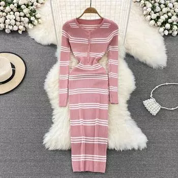 Осенне-зимнее корейское стильное полосатое трикотажное платье с длинными рукавами и круглым вырезом в полоску, с длинными рукавами