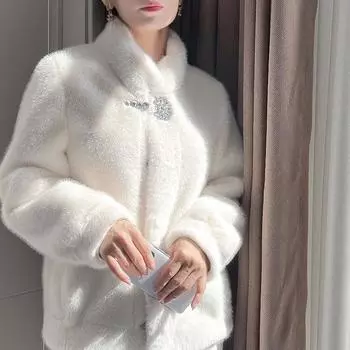 Осенне-зимнее короткое меховое пальто из золотого норки со стоячим воротником, утепленное пальто из искусственного меха норки, женское пальто для мамы