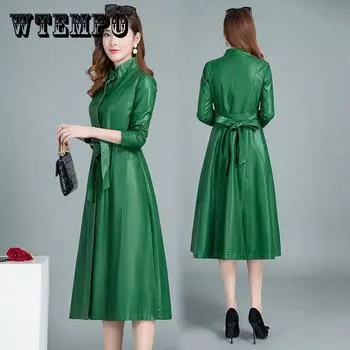 Осенне-зимнее кожаное пальто средней длины в корейском стиле, тонкое модное тонкое пальто, женская кожаная ветровка XXXL