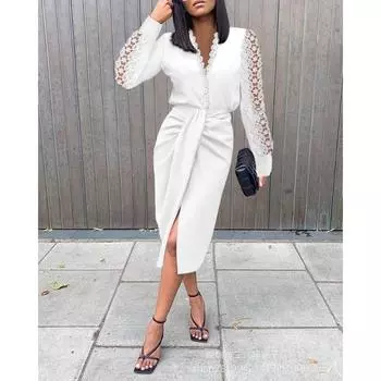 Осенне-зимнее кружевное платье с V-образным вырезом и длинными рукавами, с утягивающей талией, женская одежда S белый